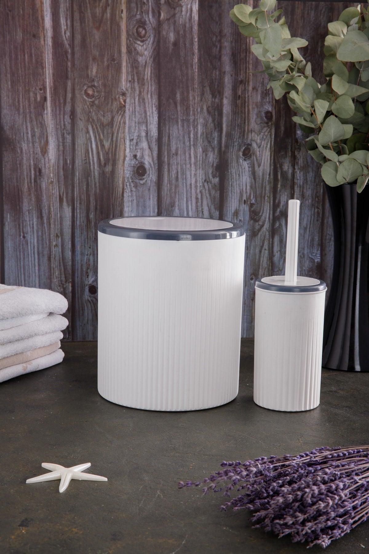 White Striped Round 2 Pcs Bathroom Set 2 Pcs Bathroom Set Dustbin Wc Brush Set - Swordslife