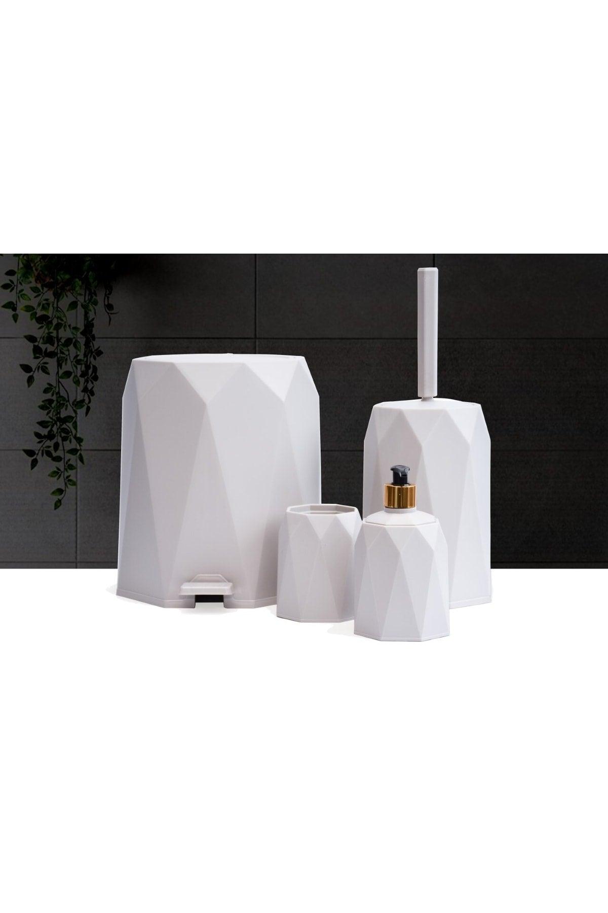 4 Pcs Geo Bathroom Set Plastic 5 Lt Trash Can Toilet Brush Washbasin Set 4 (WHITE) - Swordslife