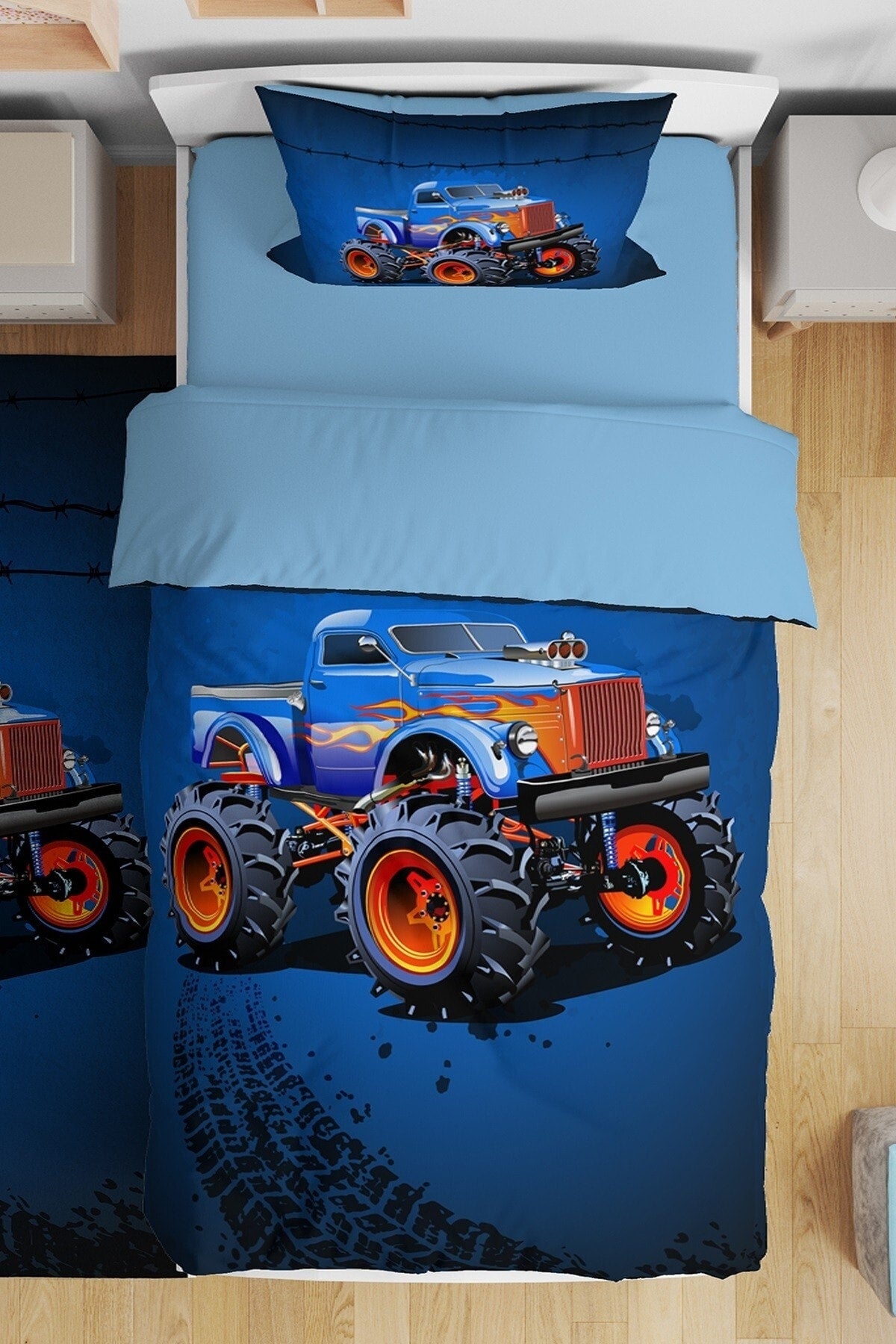 Blue Monster Truck Patterned Single Baby Child Duvet Cover Set
