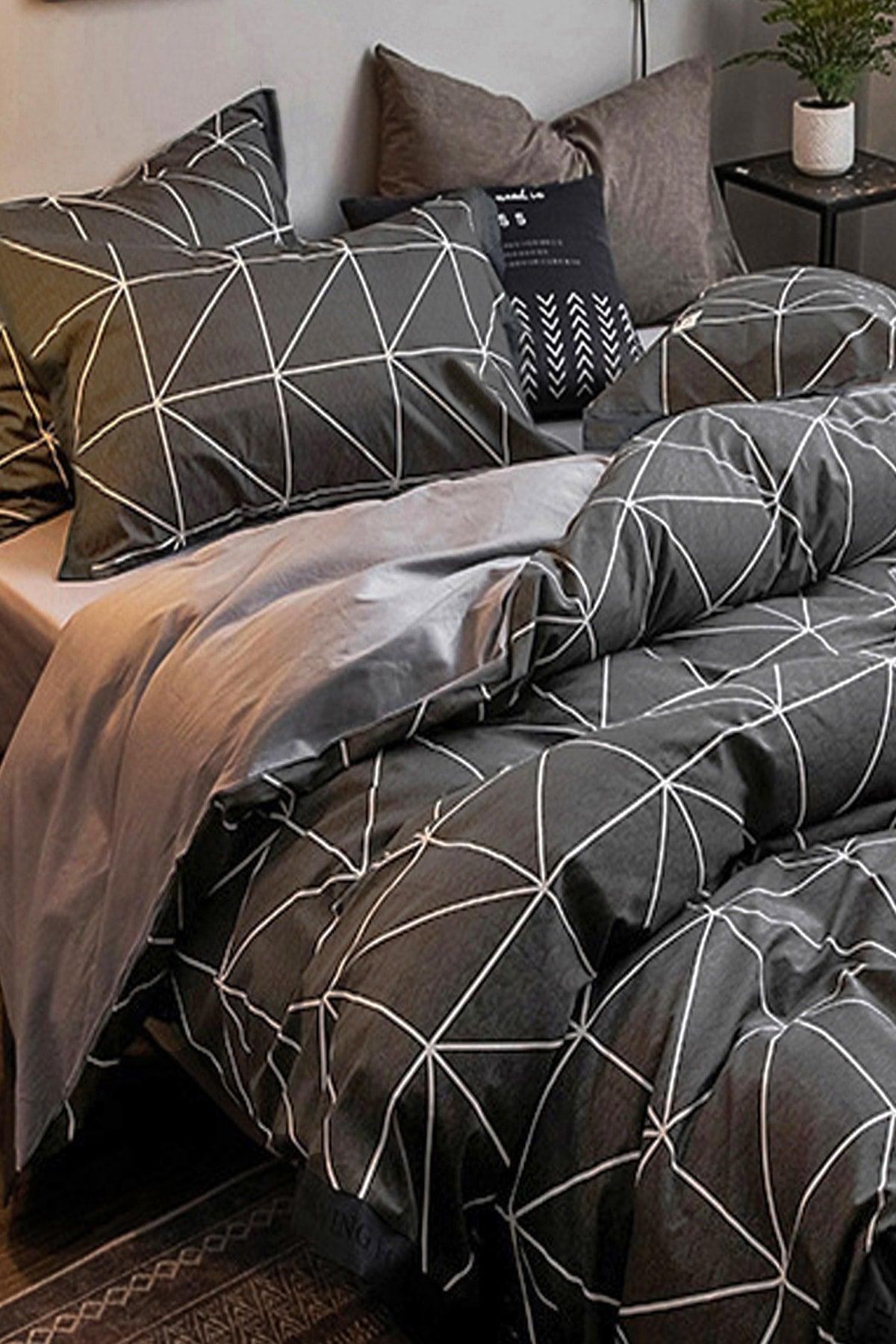 Elastic Linen Duvet Cover Set Single Pyramid Anthracite - Swordslife