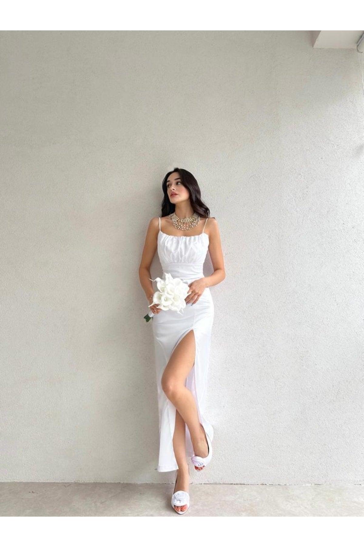 Thin Strapped Bust Draped White Satin Dress - Swordslife