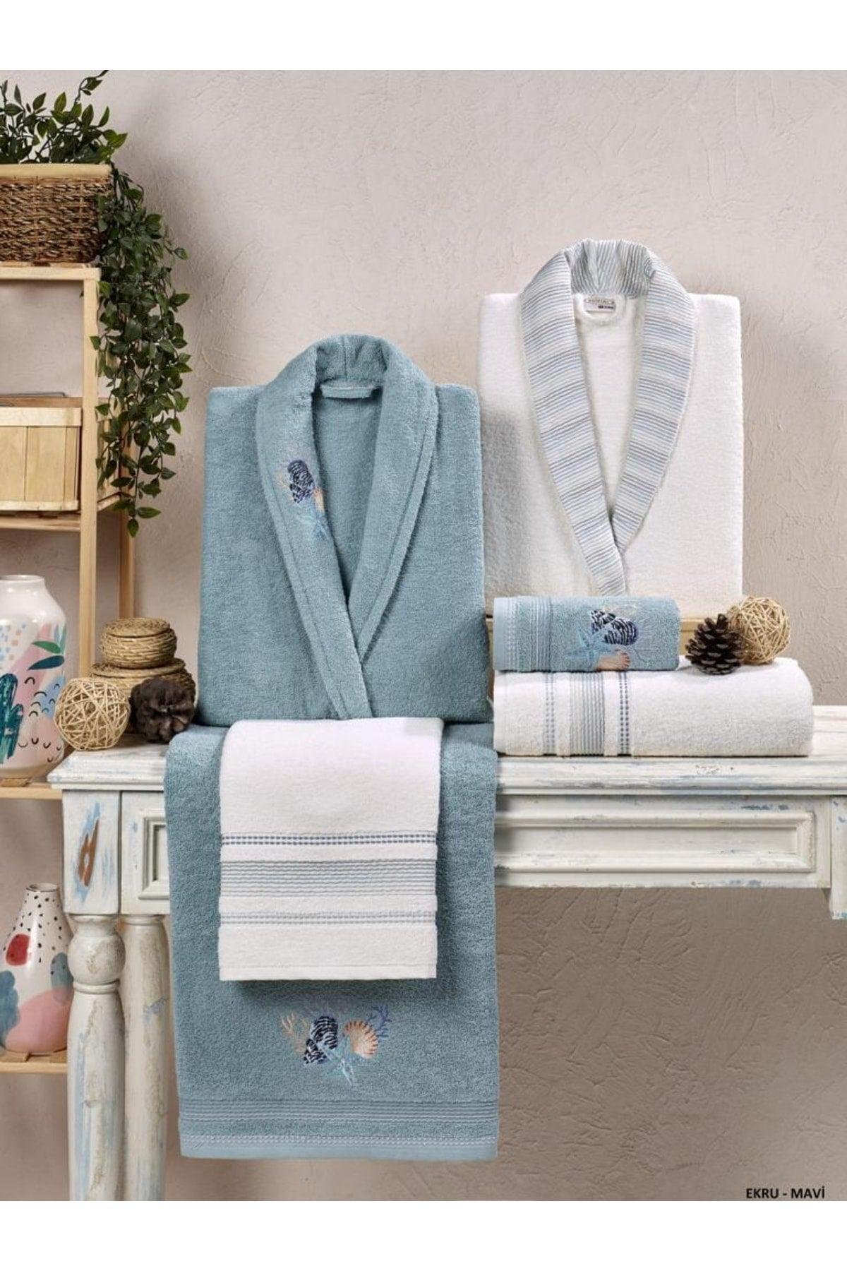 Crystal Soft Cotton Embroidered 6 Piece Family Bathrobe Set Ecru-blue - Swordslife