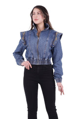 Women's Denim Jacket with Embroidered Shoulders, No Pocket, Elastic Waist, Zippered Bomber Denim for All Seasons - Swordslife