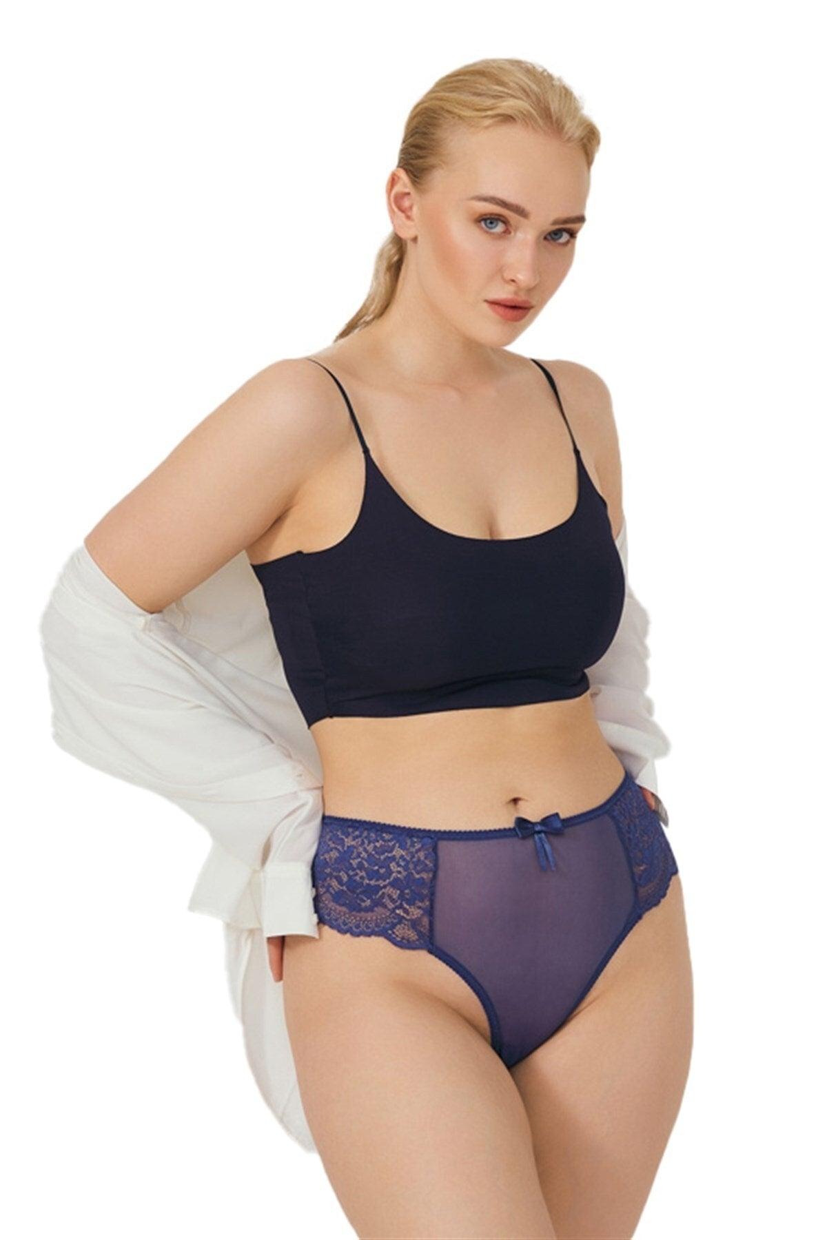 Dark Cobalt Lace Tulle Detailed Plus Size Women's Brazilian Panties - Swordslife