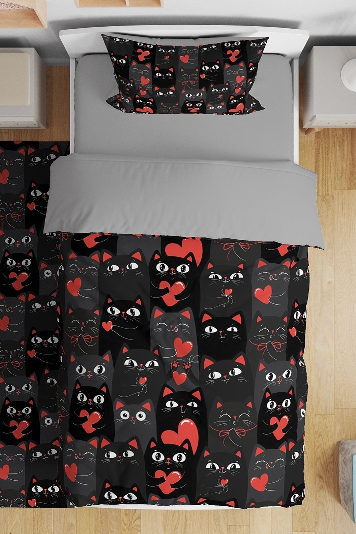 Black Cat Patterned Single Baby Kids Duvet Cover Set