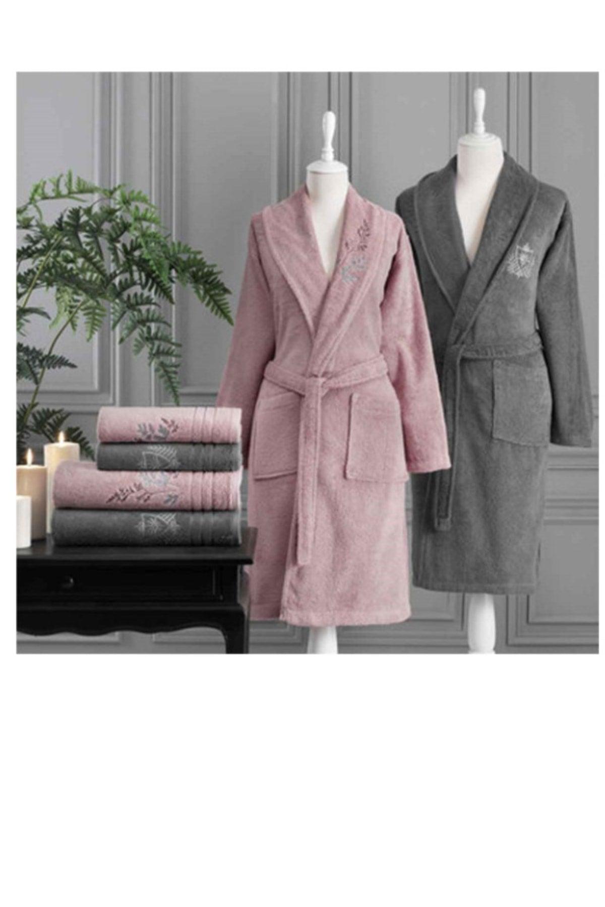 Soft Leaf Family Bathrobe Set Pink-anthracite - Swordslife