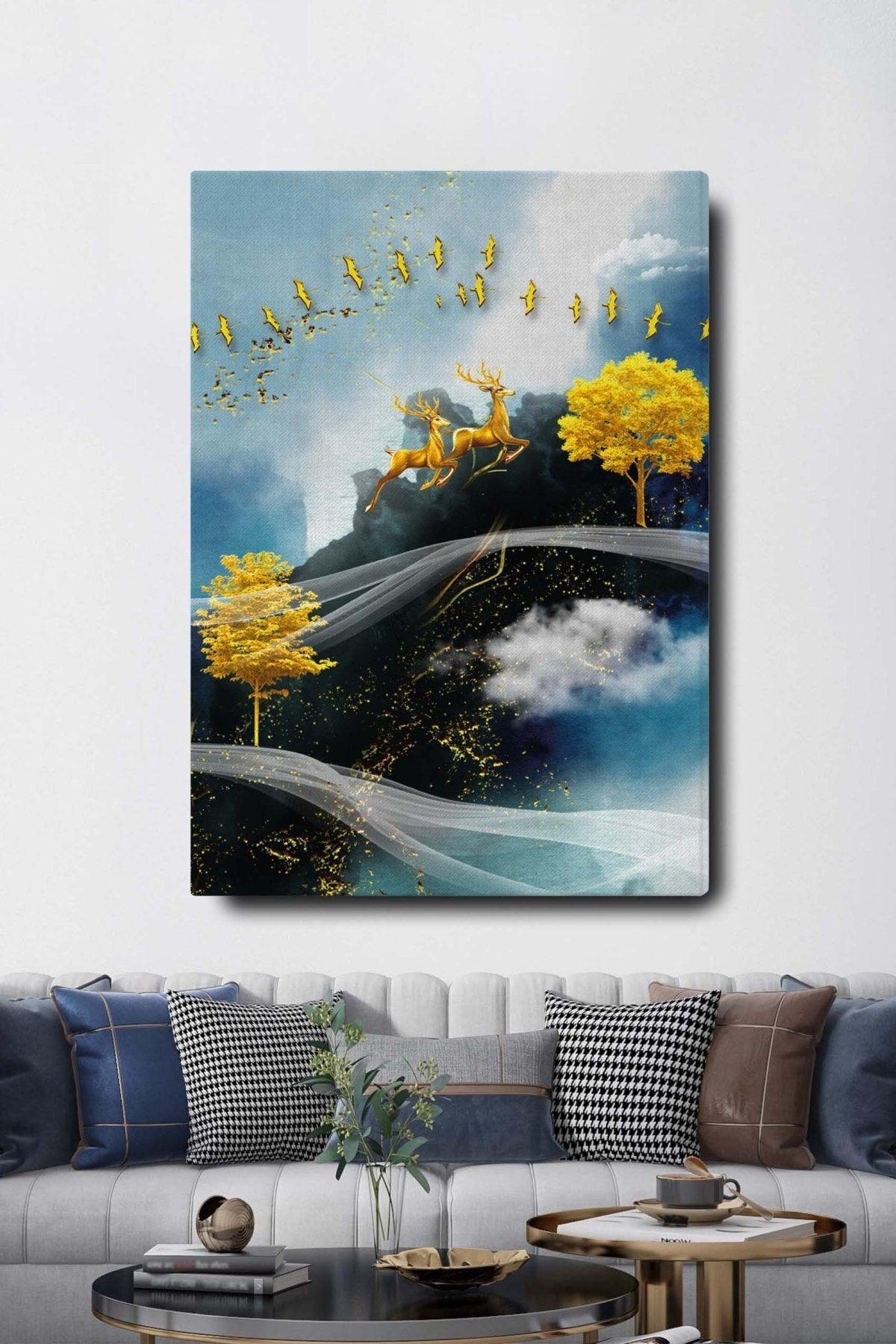 Decorative Abstract Golden Deer And Birds Surreal Canvas Wall Painting - Swordslife