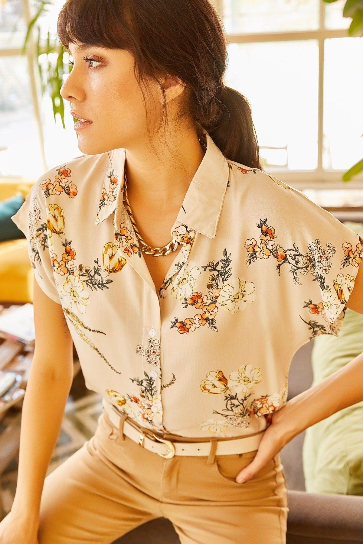 Women's Beige Floral Bat Viscose Shirt GML-19000613 - Swordslife