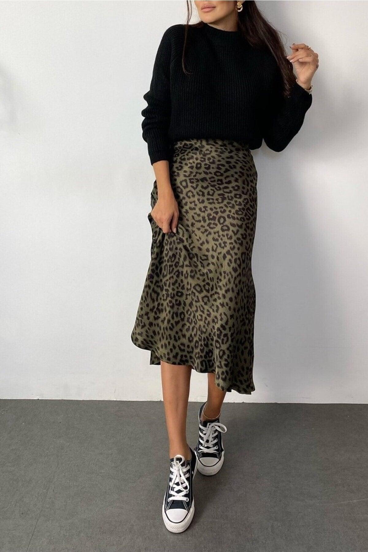 Summer Leopard Pattern Viscose Satin Midi Skirt - Khaki Green - Swordslife