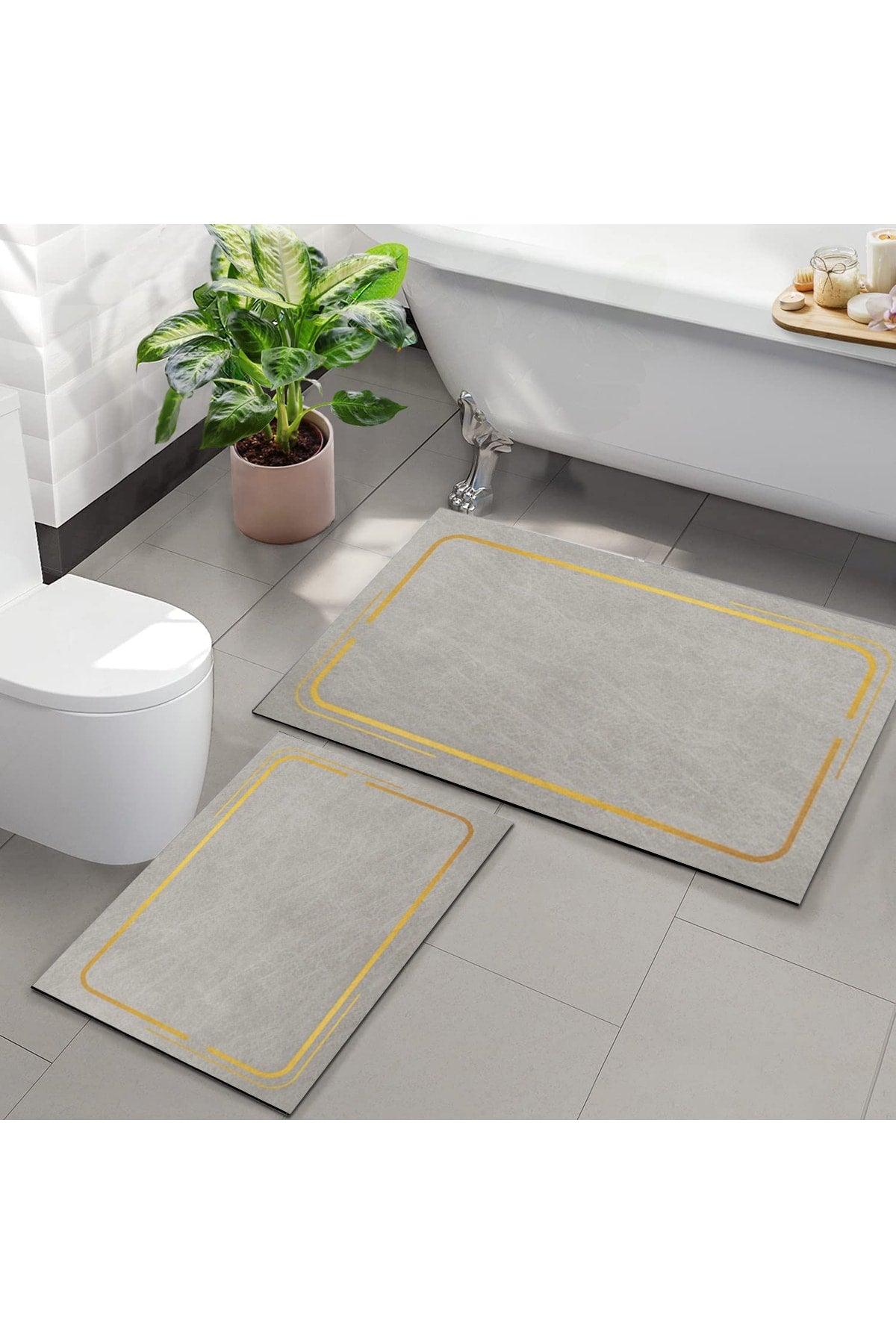 Else Decor Gray Yellow Patterned Washable Non-Slip Base 2 Bathroom Carpet Doormat Closet Set - Swordslife