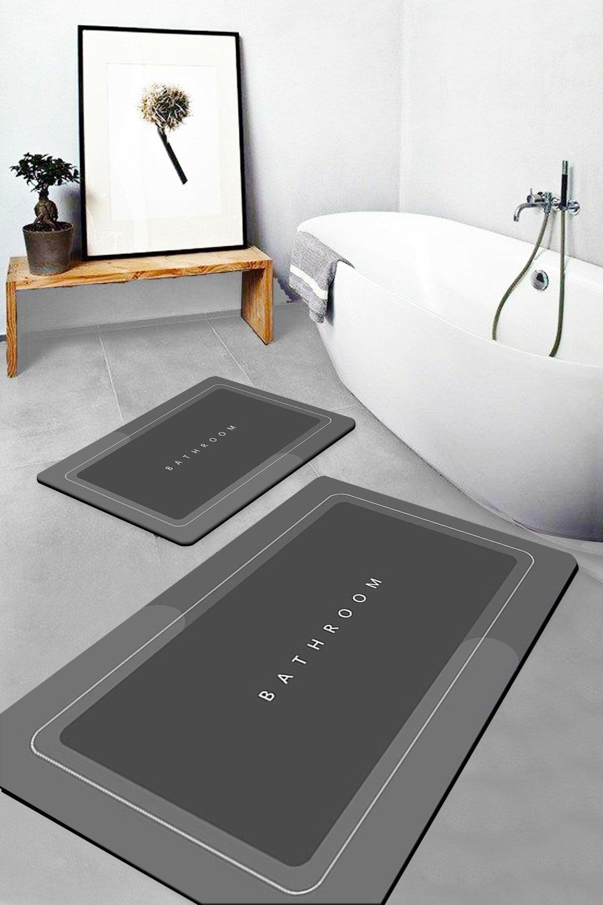 Osso Anthracite Bathroom Written Pattern Washable Non-Slip Floor 2 Pcs Bathroom Carpet Mat Closet Set - Swordslife