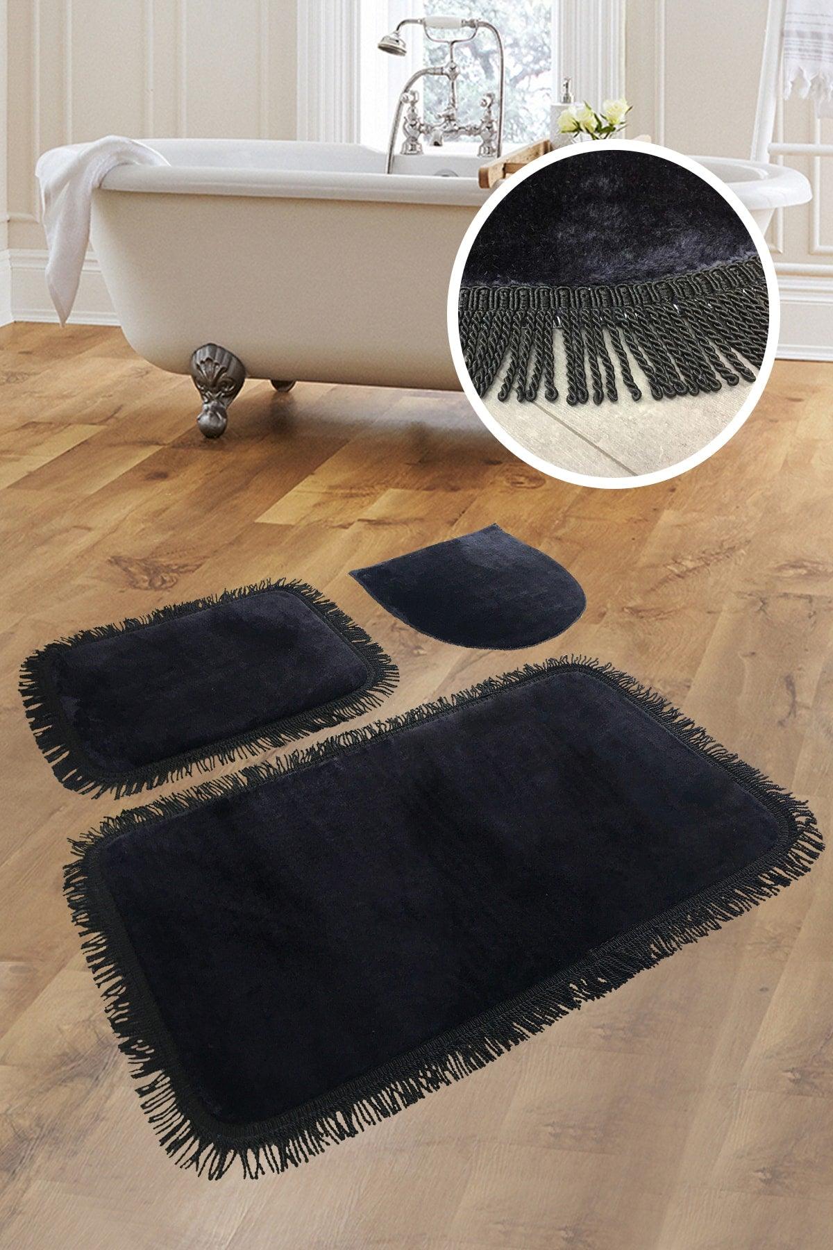 Shareton Cornered Black 3 Piece Bath Mat Set Twirl Fringed Tassel Dowry Closet Set - Swordslife