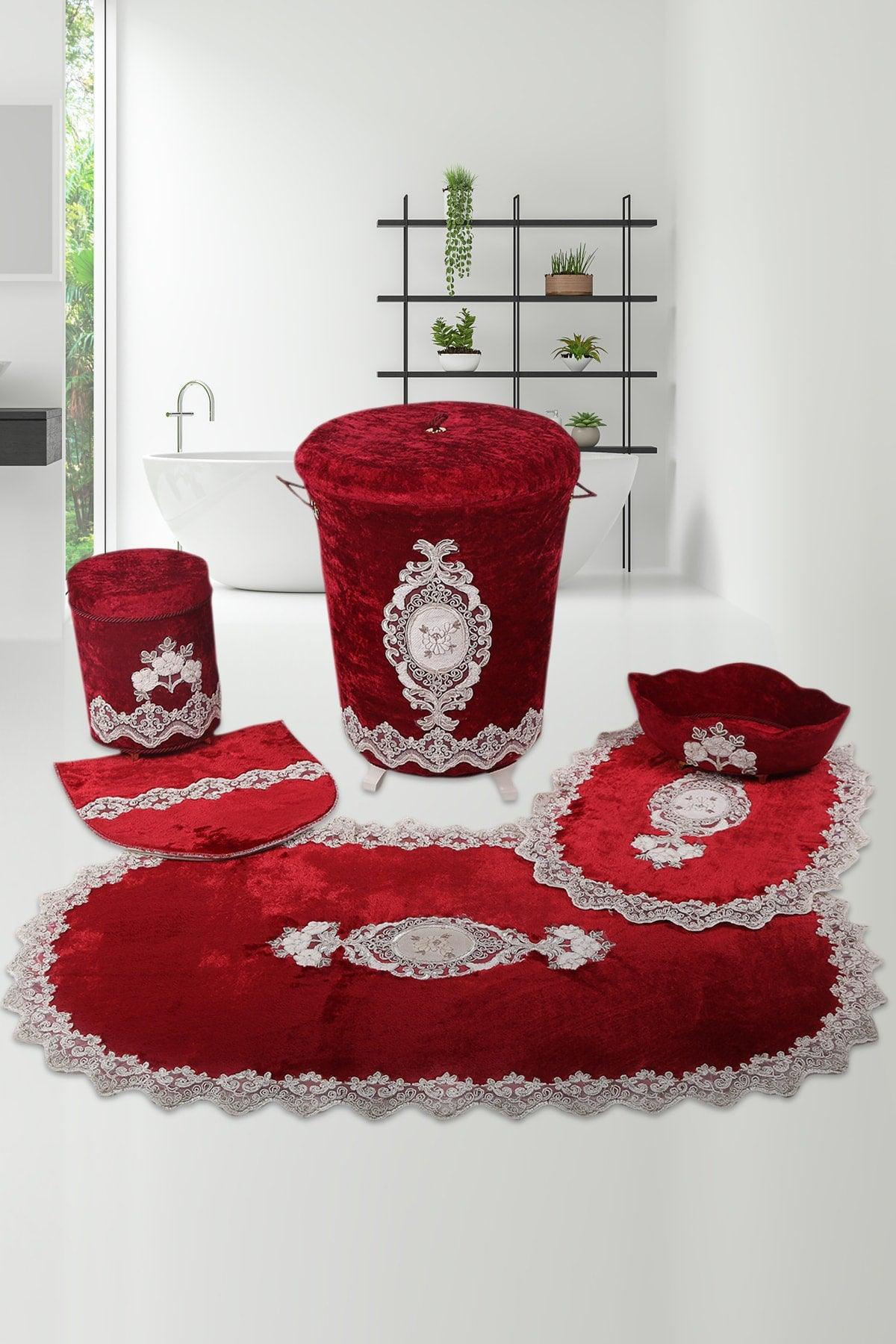 Lisa Claret Red 6 Psrça Lacy Bathroom Dirty Laundry Basket Set Bath Mat Set - Swordslife