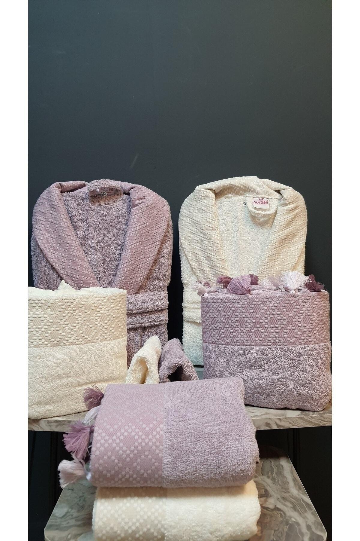 Safir Family Bathrobe Set 100% Cotton Plum Cream 8 Pcs - Swordslife