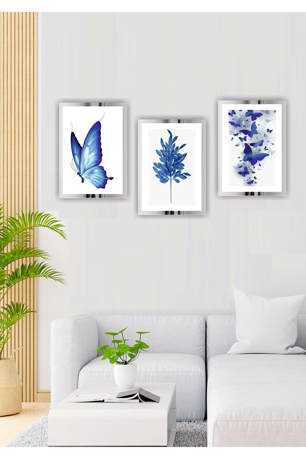 3 Pieces Blue Butterfly Home Decoration Plexi Framed Mirrored Shiny Decor Mdf Multi Table Set - Swordslife