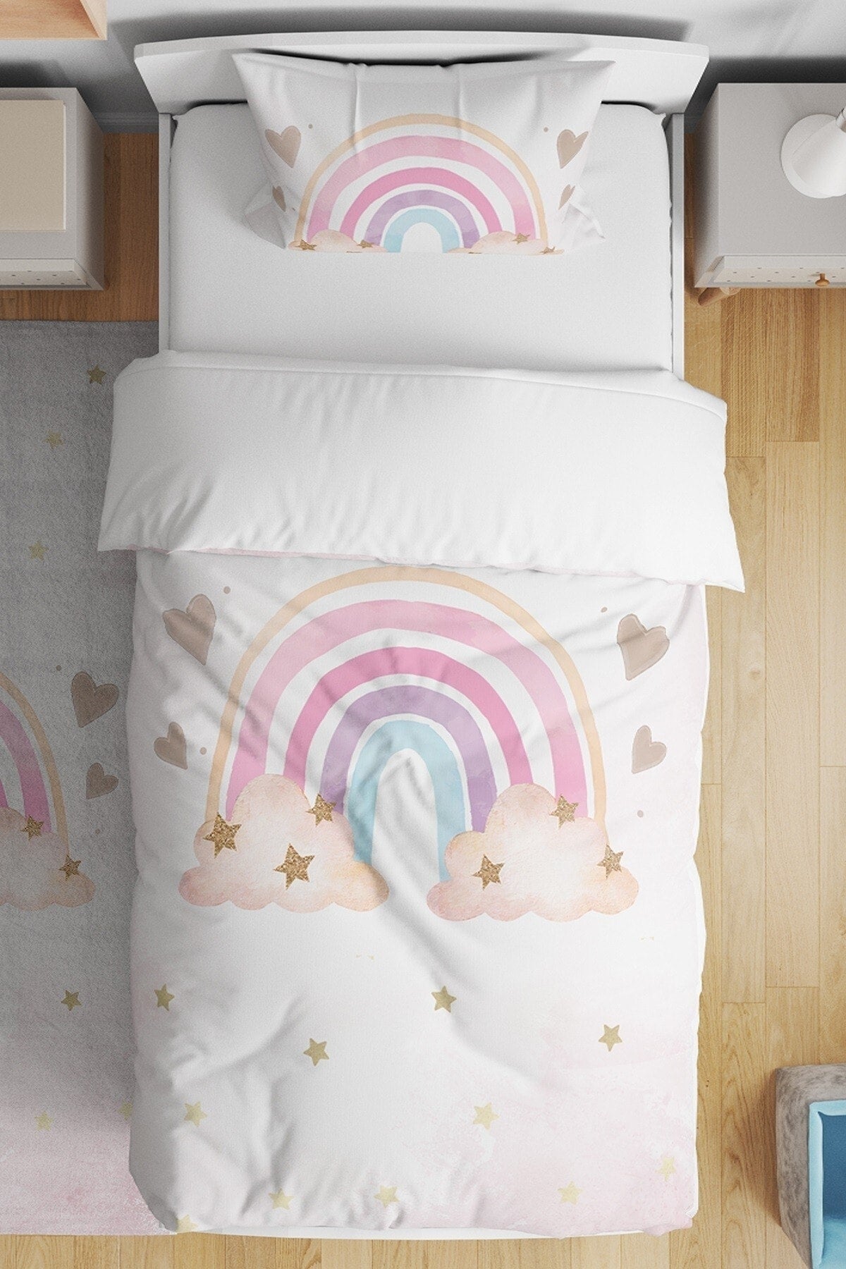 Powder Color Rainbow Patterned Single Baby Kids Duvet Cover Set