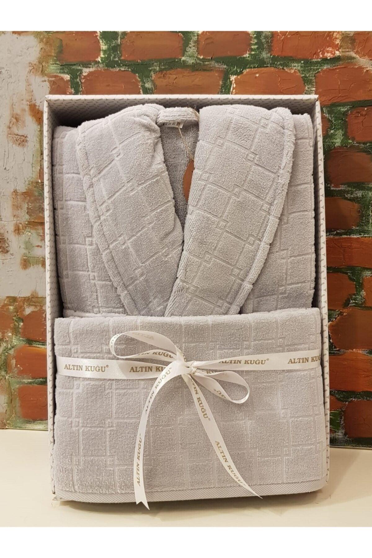 Daisy Shawl Collar Bathrobe + Head Towel Set- Gray- L Size - Swordslife