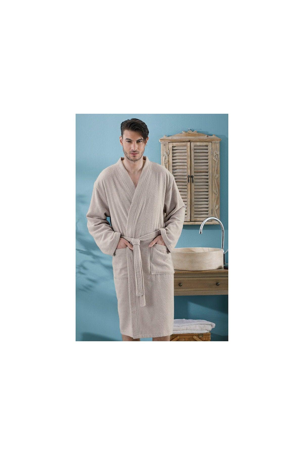 Plain Cotton Men's Bathrobe Sm Light Beige - Swordslife