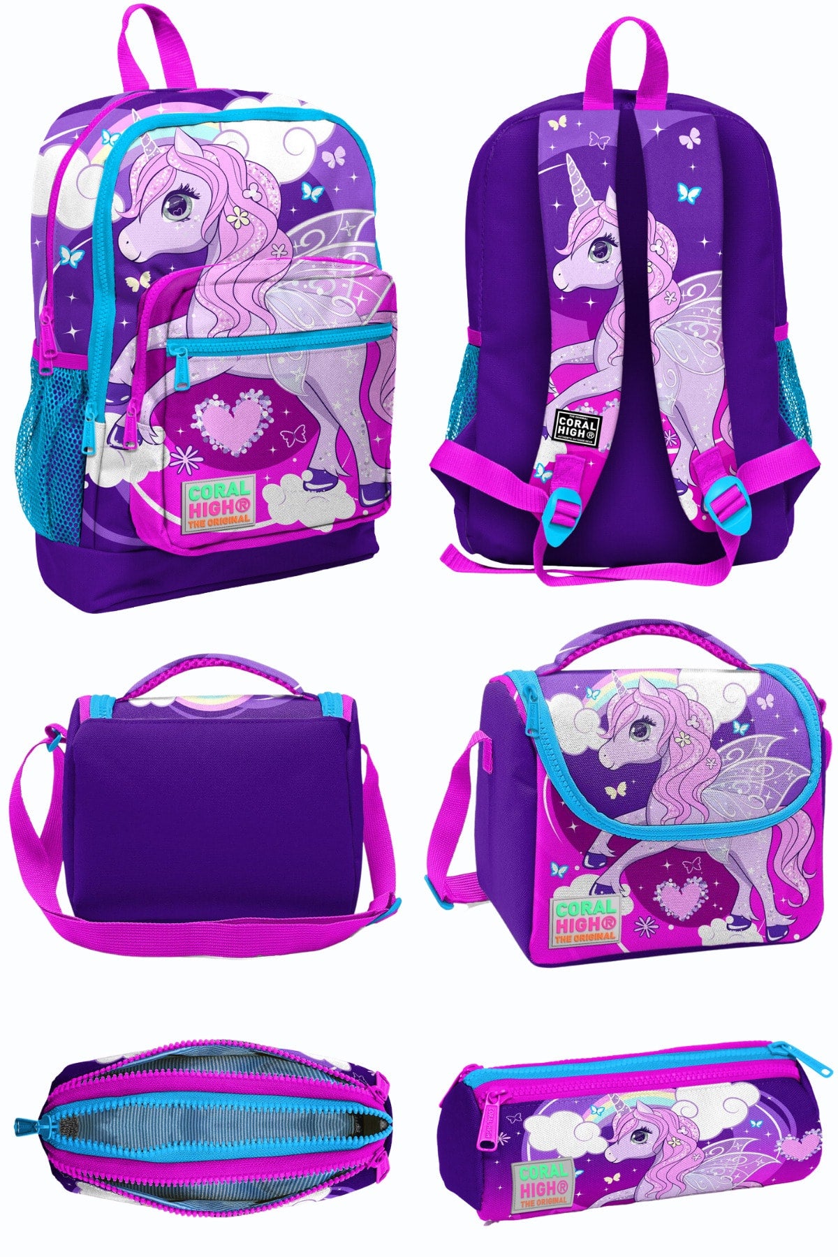 Purple Pink Unicorn Patterned Four Compartment School Backpack Lunch Box Pencil Bag
