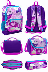 Purple Pink Unicorn Patterned Four Compartment School Backpack Lunch Box Pencil Bag