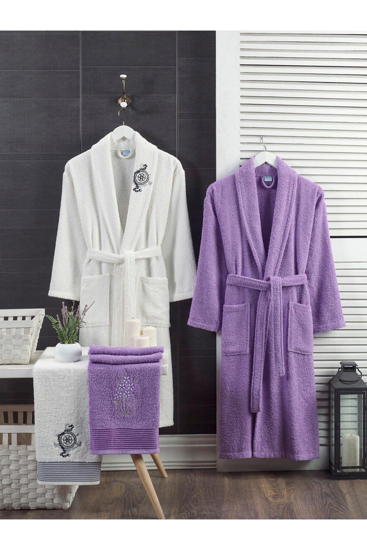 100% Cotton Embroidered 4-Piece Family Bathrobe Set | Bathrobe Set | Dowry Set | White | Lavender - Swordslife