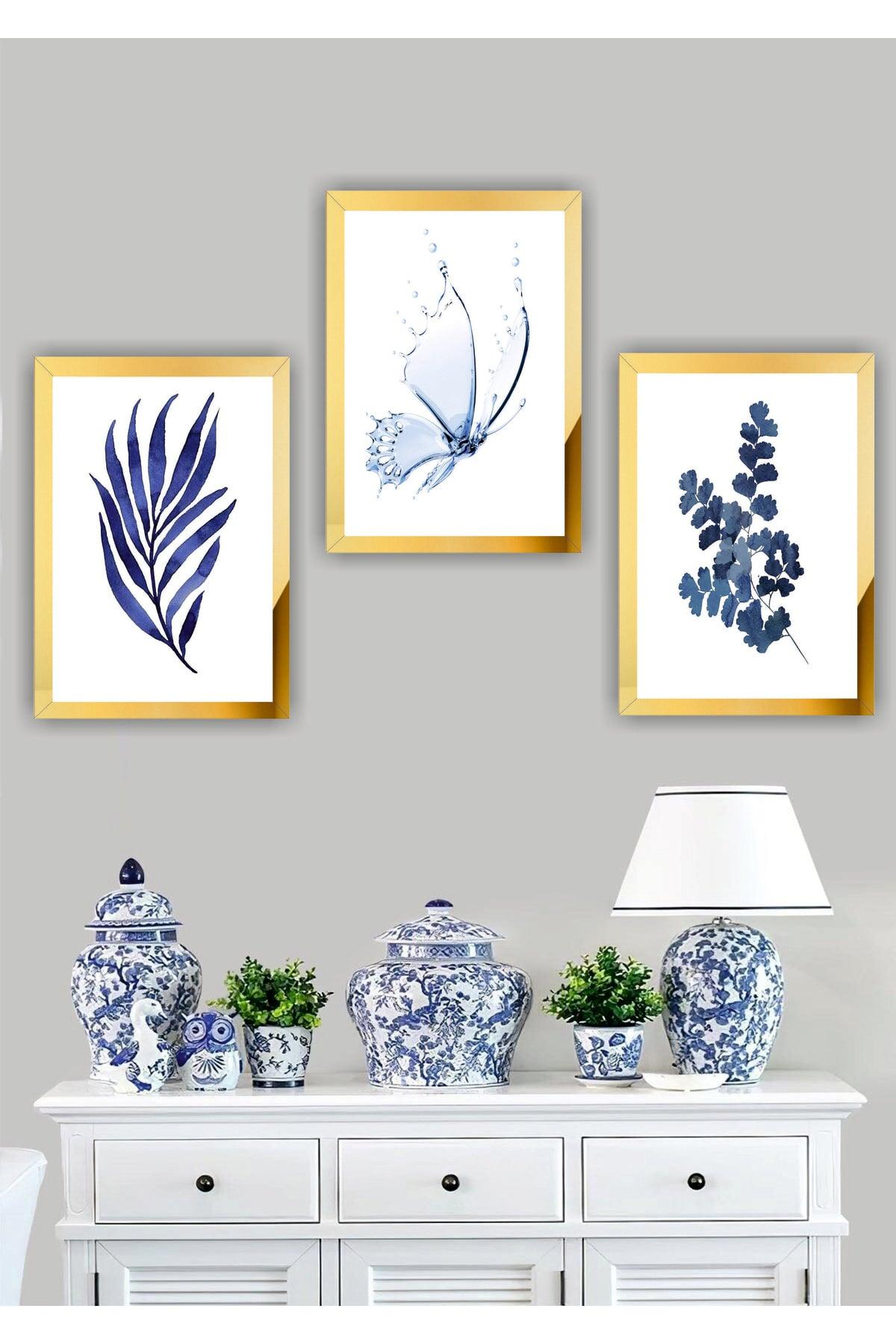 3 Pieces Blue Flower Home Decoration Plexi Framed Mirrored Shiny Decor Mdf Multi Table Set - Swordslife