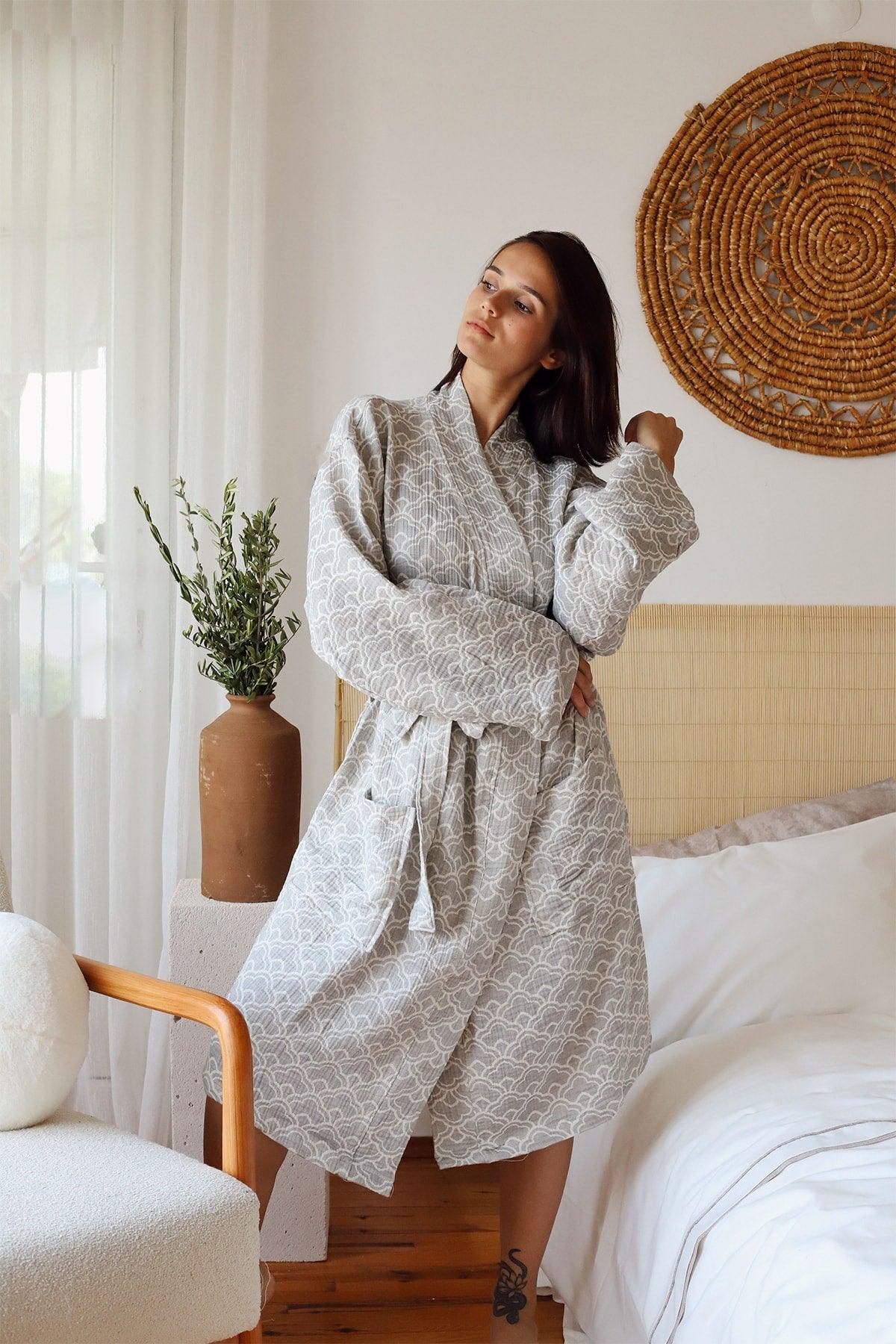 Adult Patterned Muslin Bathrobe, Special Design 100% Cotton 3 Ply Double Sided - Swordslife