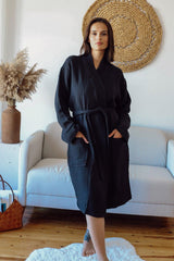 Adult Kimono Bathrobe, 100% Cotton 4 Ply Multi Muslin Black - Swordslife