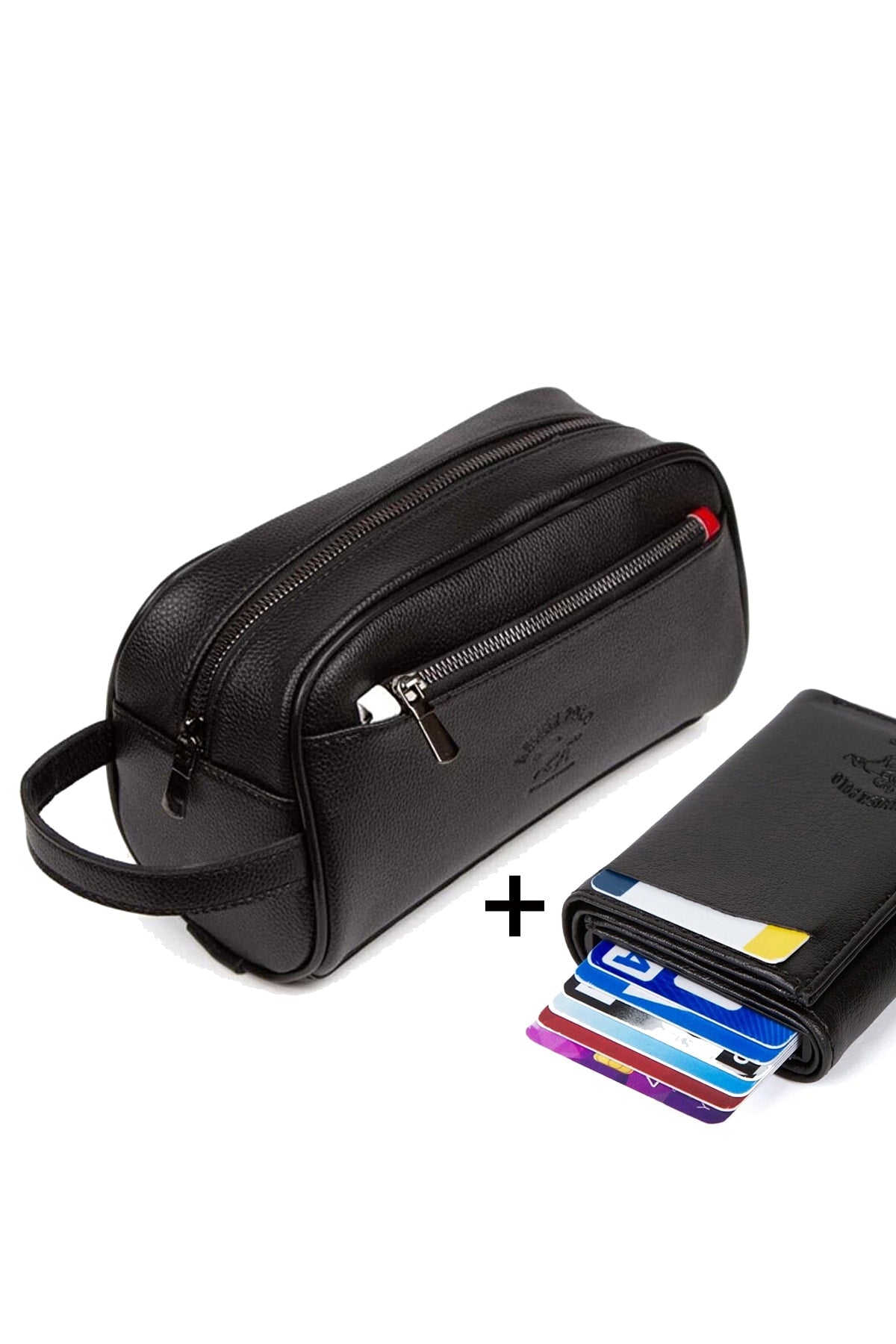 Men's Leather Portfolio Travel Shaved Black Handbag And Card Holder With Aluminum Mechanism