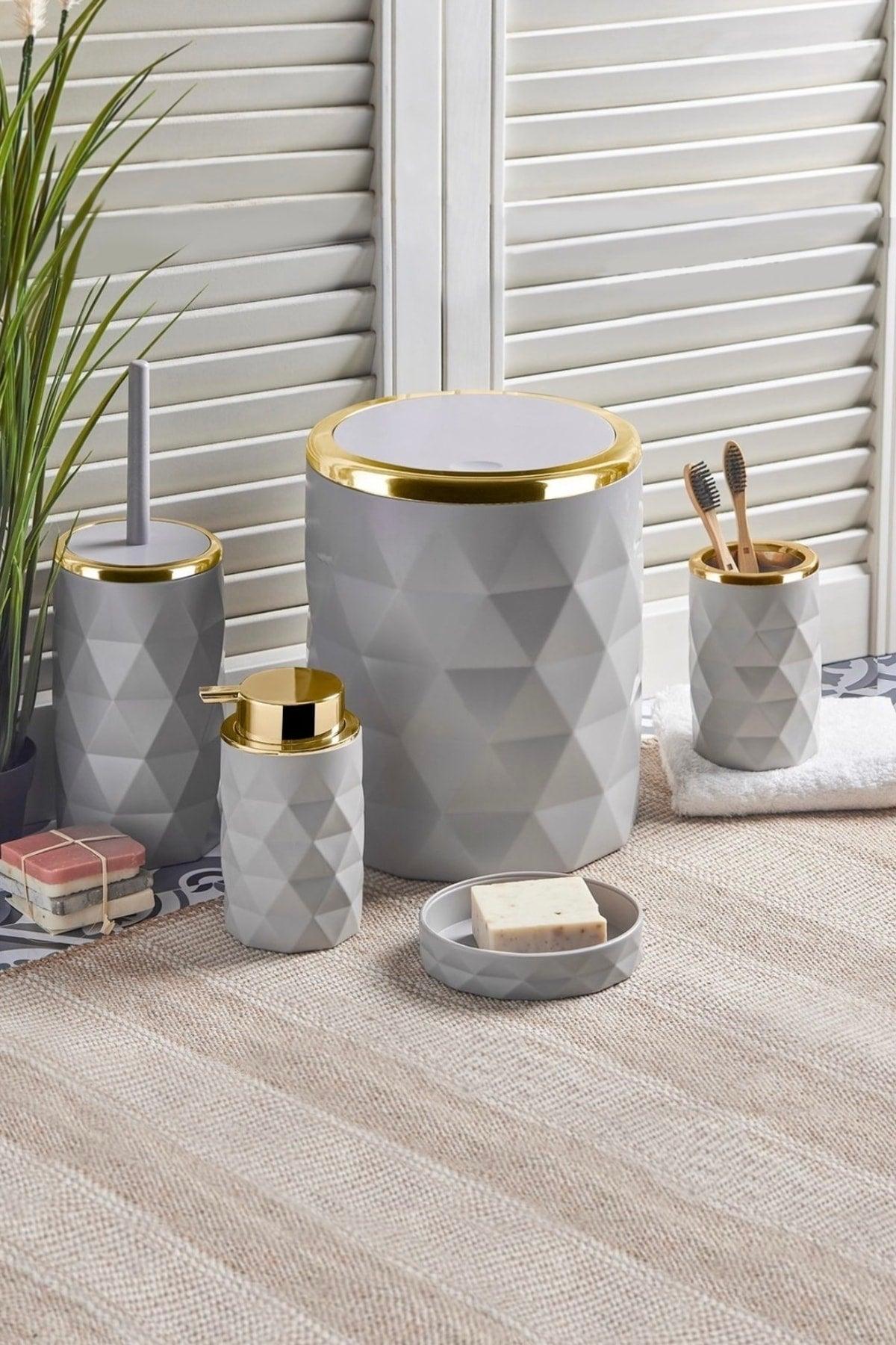 13222 Diamond 5 Piece Acrylic Plastic Bathroom Set Taupe Gold - Swordslife