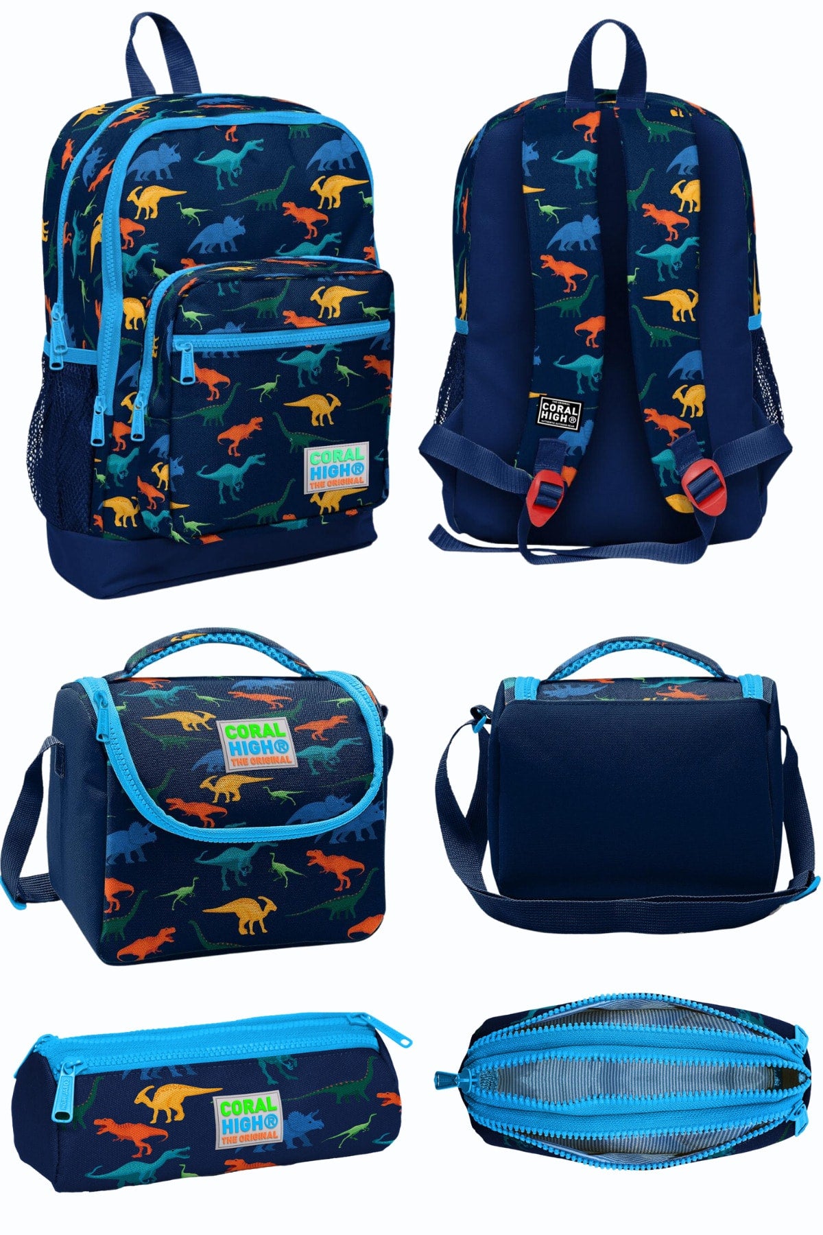 Navy Blue Dinosaur Patterned Four Compartment School Backpack Lunch Box Pencil Bag