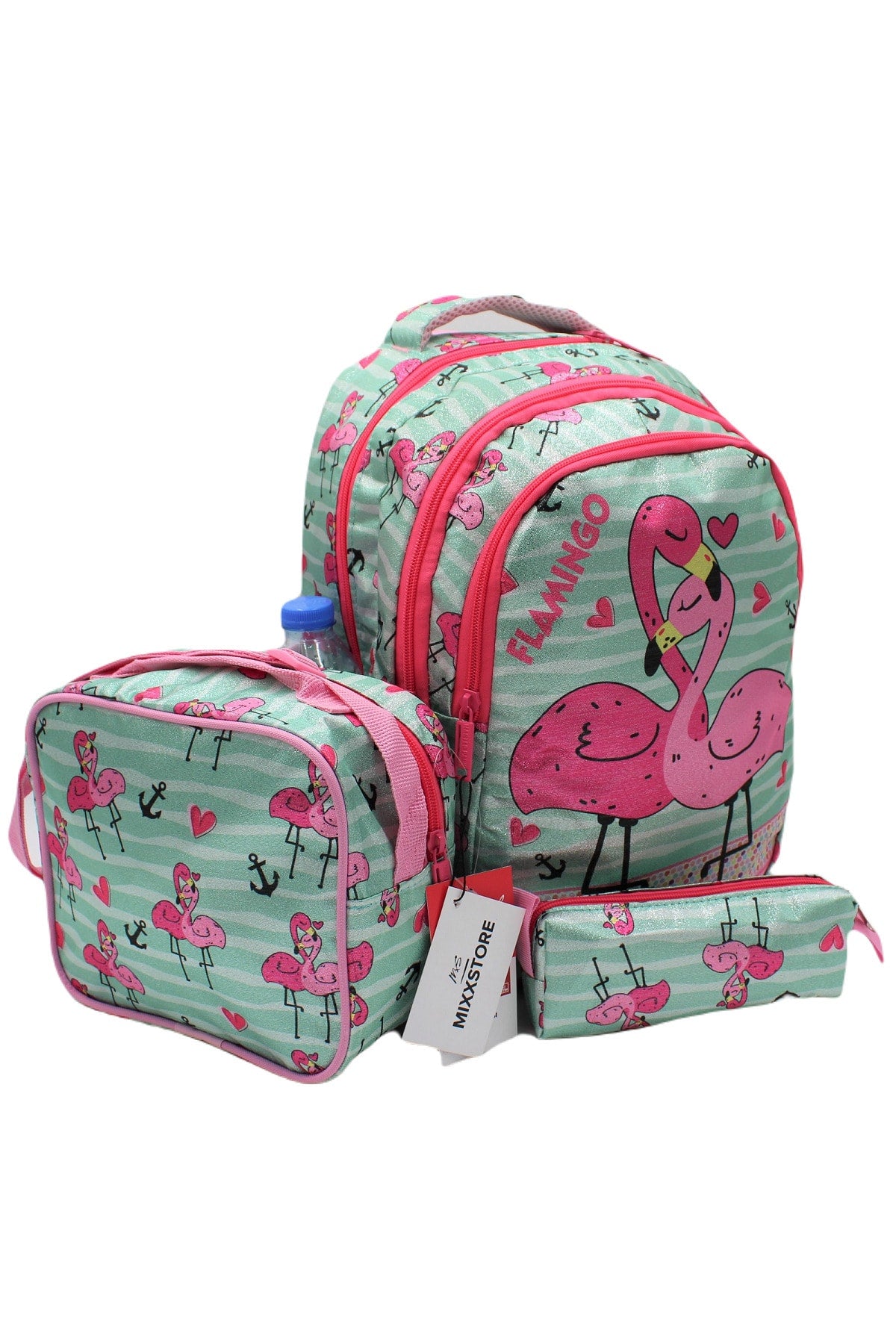 Sim Flamingo Patterned Green Color Backpack Primary School Bag Set for Girls with Food and Pencil Holder