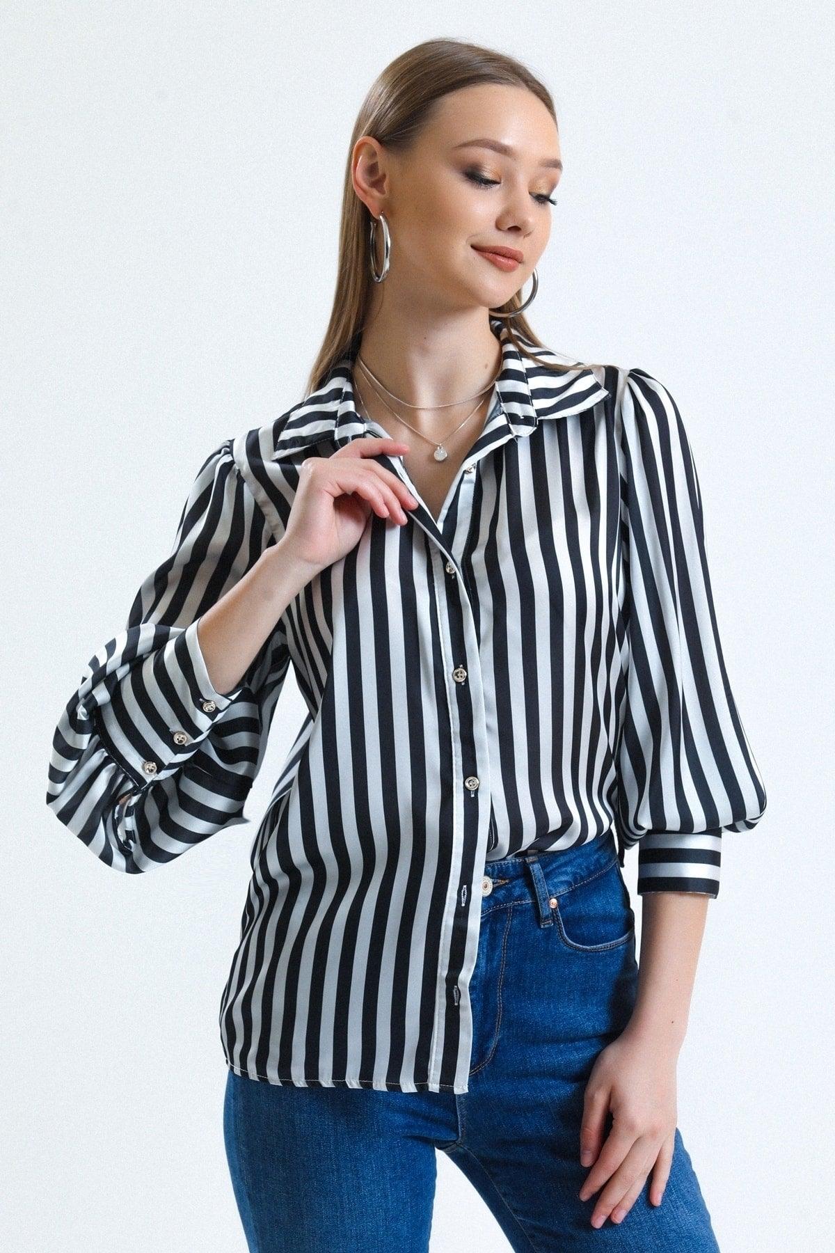 Women's Black and White Balloon Sleeve Ruffle Detailed Oversize Striped Satin Shirt - Swordslife