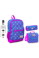 Heart Printed Girls' Primary School Bag Set - Usb Output