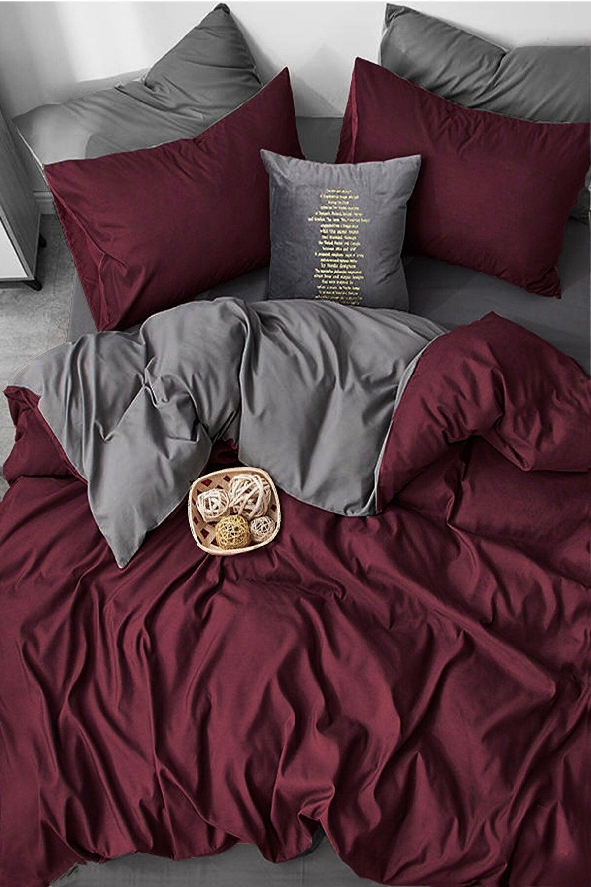 Duvet Cover Set with Elastic Linen Double Claret Red-gray - Swordslife