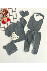 Cheerful Babies Organic Fabric Teddy Bear Embroidered Pattern 5 Pieces Hospital Outlet Set Gray