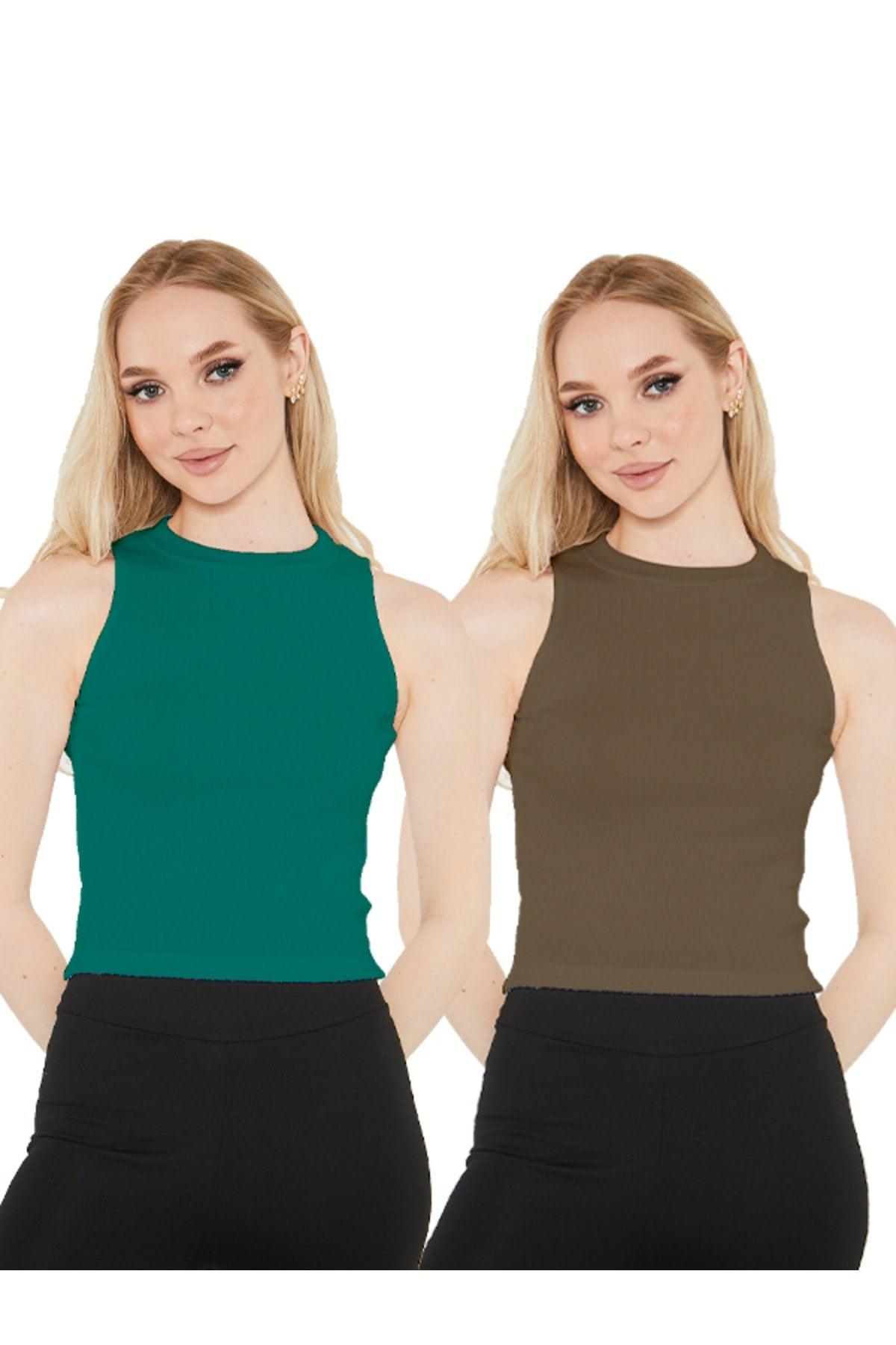 Women's Khaki Green Halter Neck Corduroy 2-Pack Crop Blouse - Swordslife