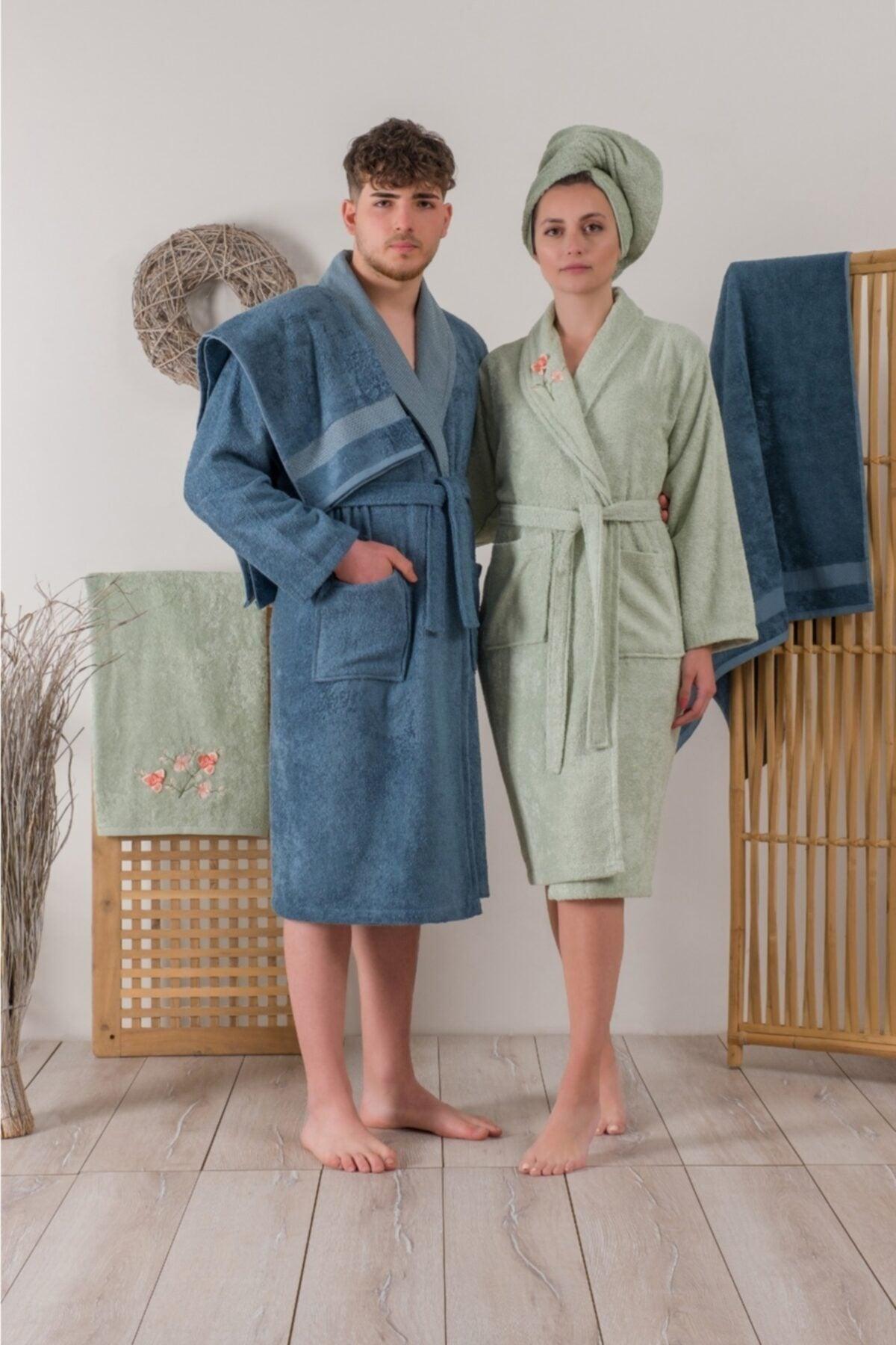 Bamboo 6 Piece Family Bathrobe Set Embroidered Alvin Green Blue - Swordslife