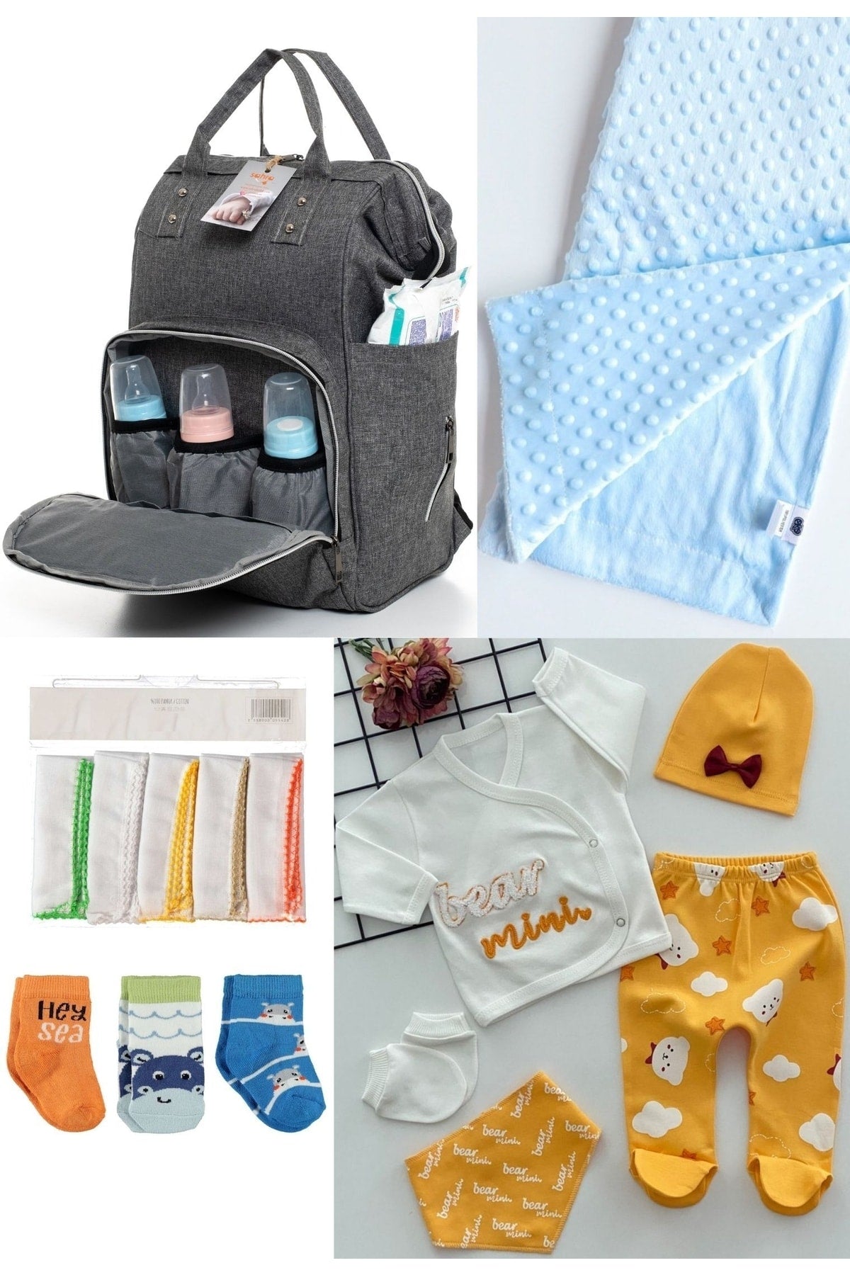 5 Piece Maternity Set (Baby Care Backpack, Hospital Exit, Chickpea Blanket, 10 Wipes and 3 Socks)