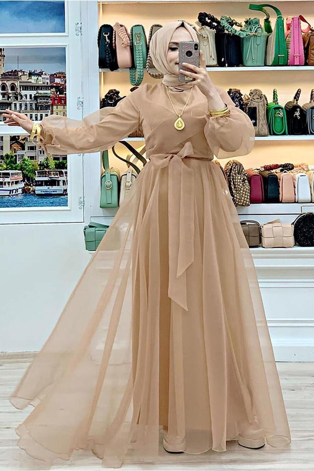 Women's Brown (CAMEL) Belted Tulle Evening Dress T 4693 - Swordslife