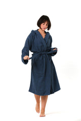 100% Cotton Hooded Towel Curl Adult Bathrobe Indigo Blue - Swordslife