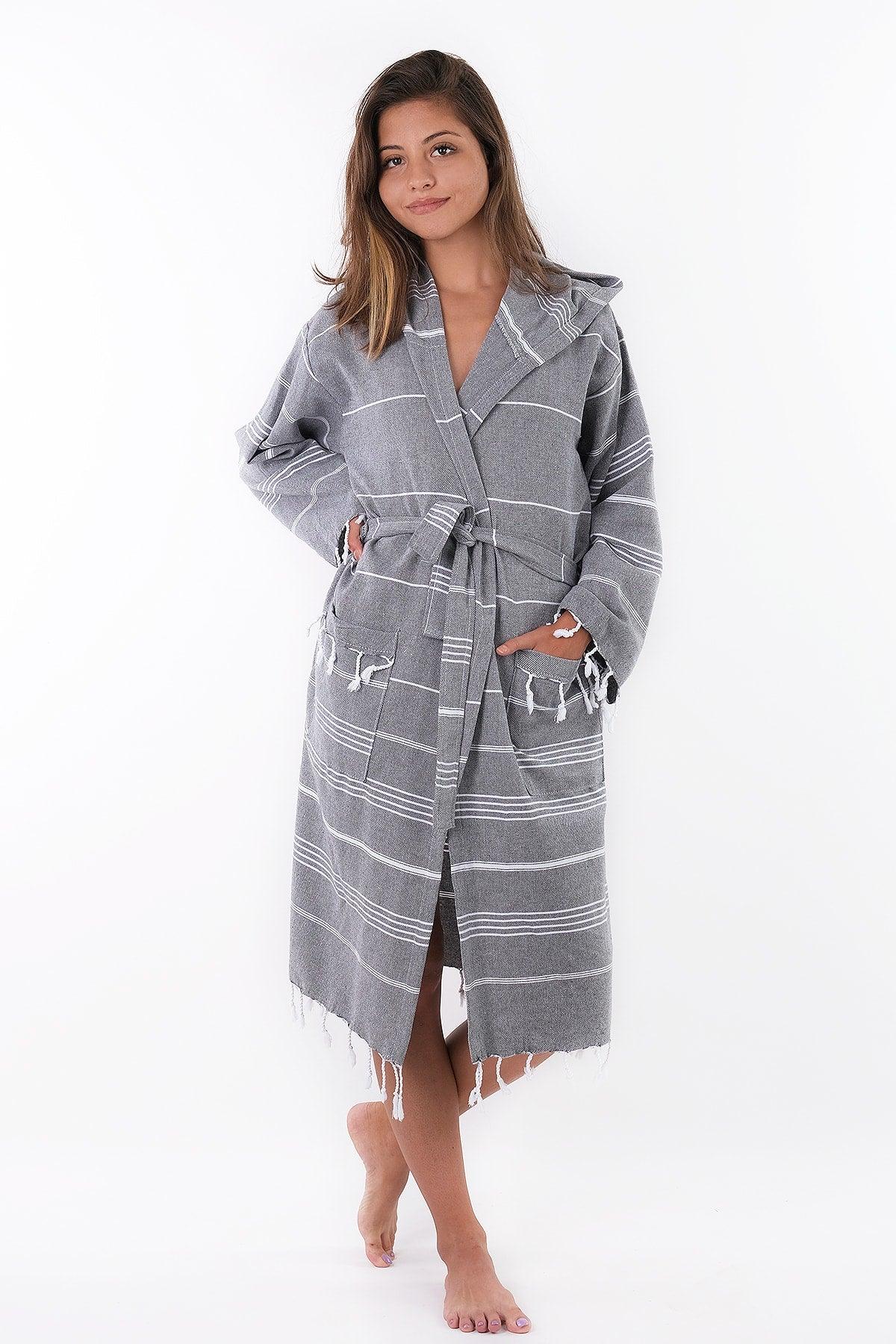 Cotton Gray Colored Hooded Peshtemal Bathrobe, Dressing Gown And Beach Dress - Swordslife