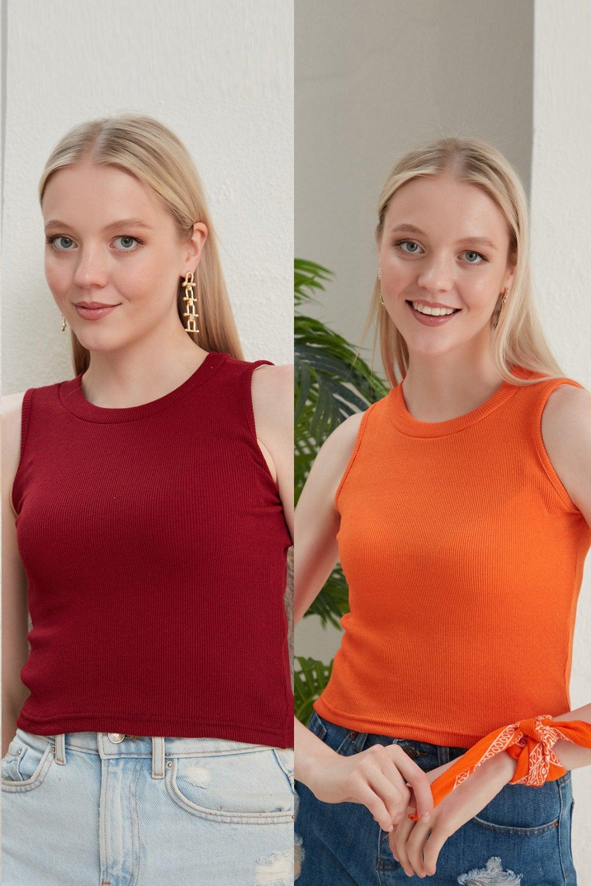 Women's Claret Red Orange Halter Neck 2 Piece Crop Blouse - Swordslife