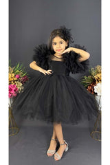 Chiffon Robe Pompom Sleeve Sequined Girls Fluffy Skirt Tulle Evening Dress Black