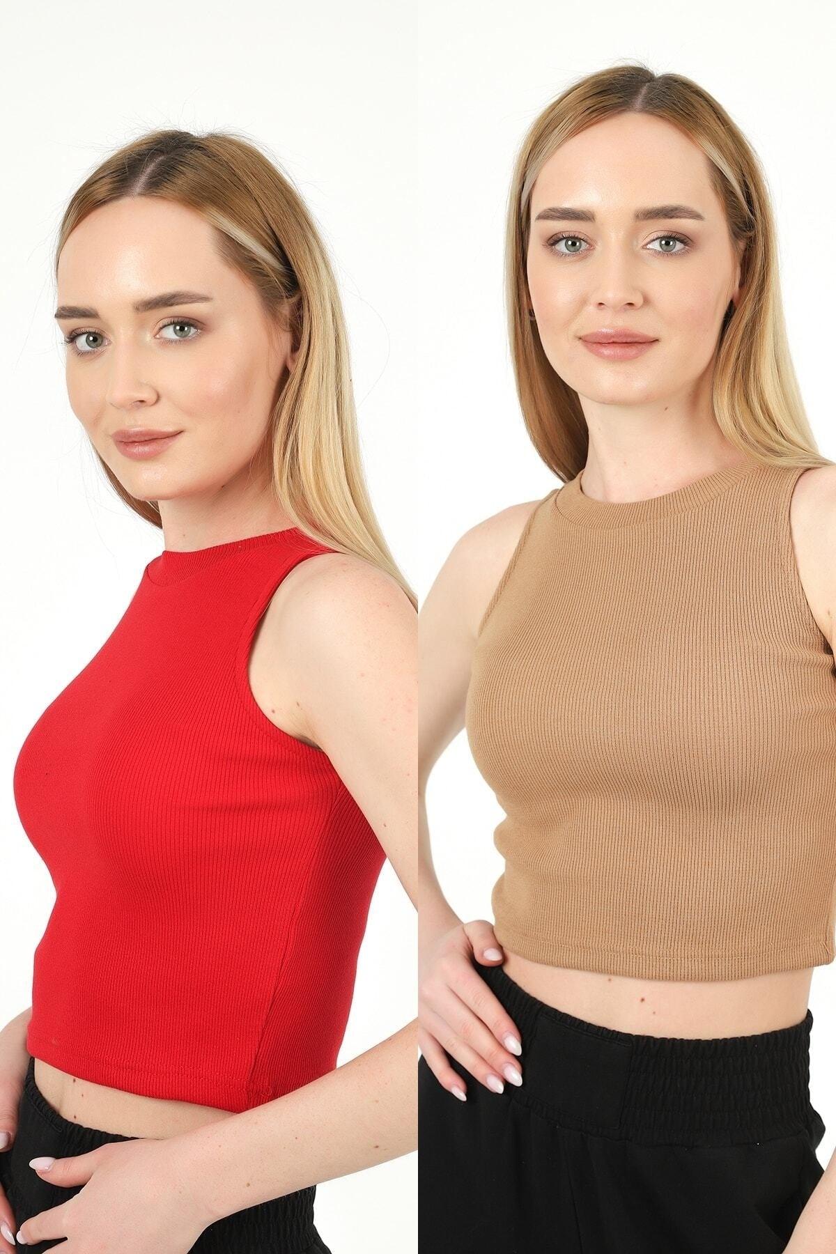 Women's Red Biscuit Halter Neck Ribbed 2-Pack Crop Top - Swordslife