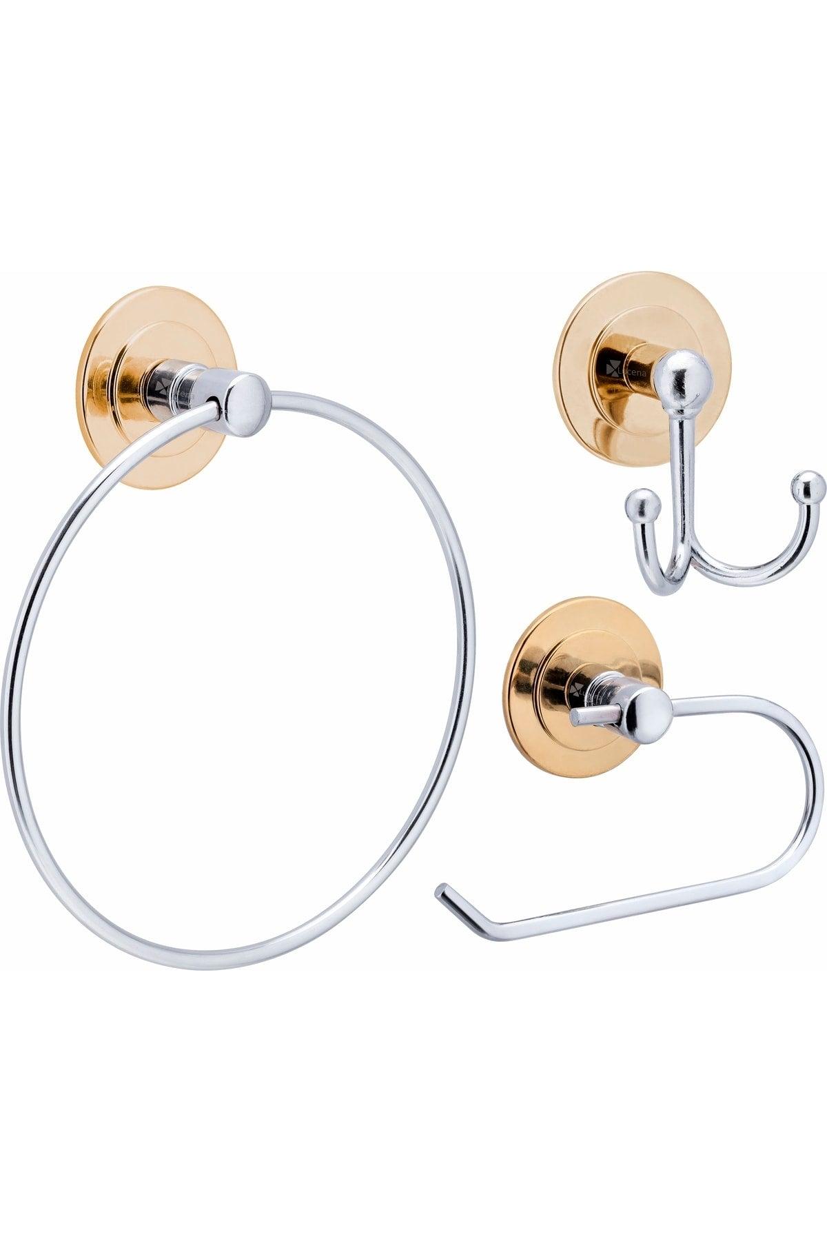 Gold Chrome Adhesive Triple Bathroom Accessory Set Round Towel Holder Bathroom Hanger Toilet Paper Holder - Swordslife