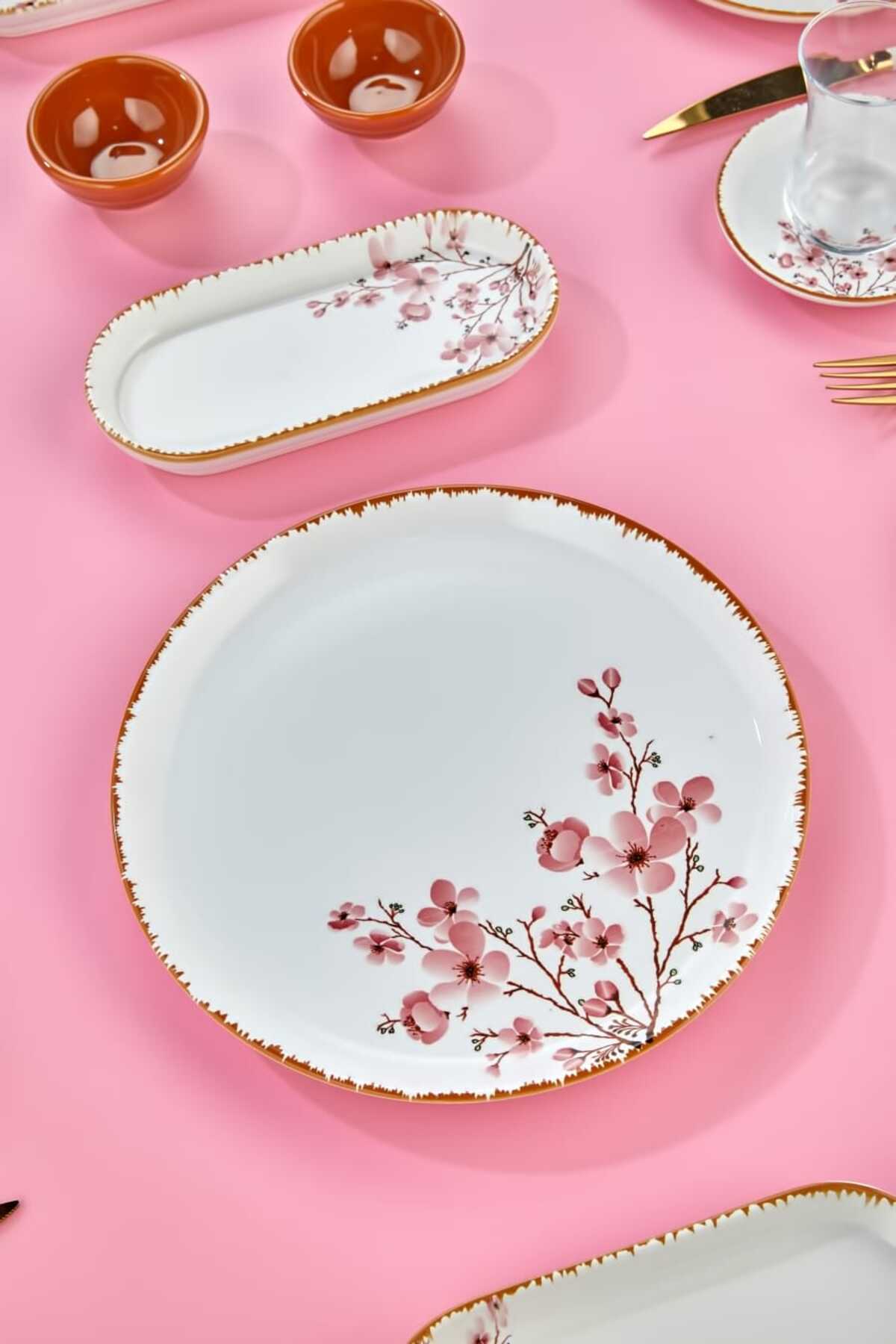 Lux Ceramic Handmade 6 Person 21 Piece Sakura Blossom Breakfast Set, Set