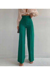 Women's Dark Green Front Stitching Detail High Waist Palazzo Trousers - Swordslife