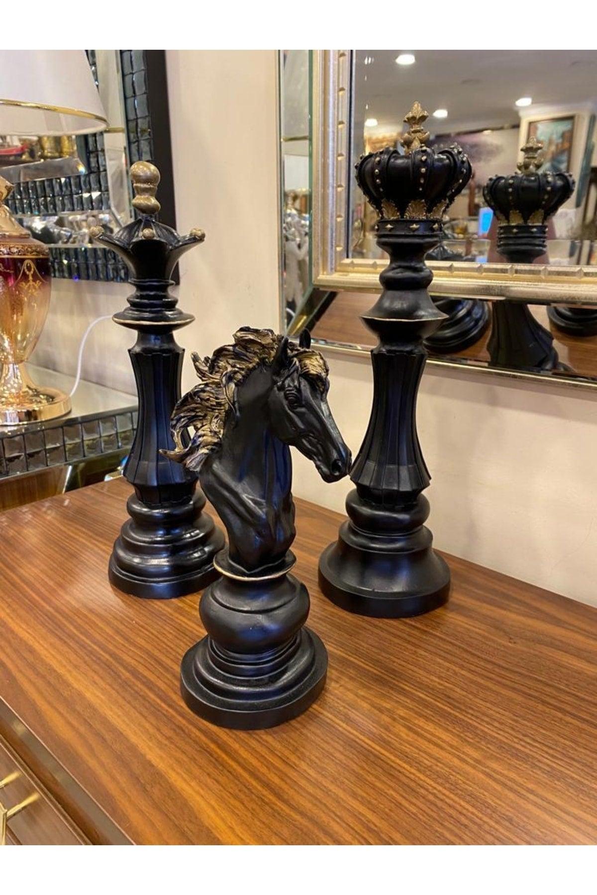 Trio Chess Set Statue King Queen Horse Decorative Black Gold Trinket - Swordslife