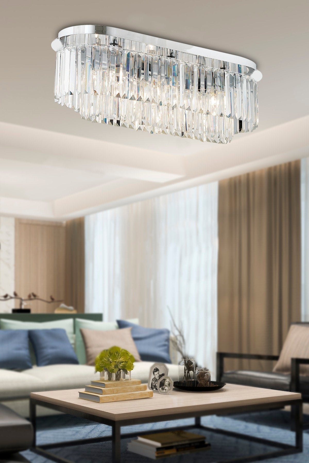 Nilüfer Rectangular Chrome Crystal, Stone Modern Design Dining Table Top, Crystal Living Room Chandelier